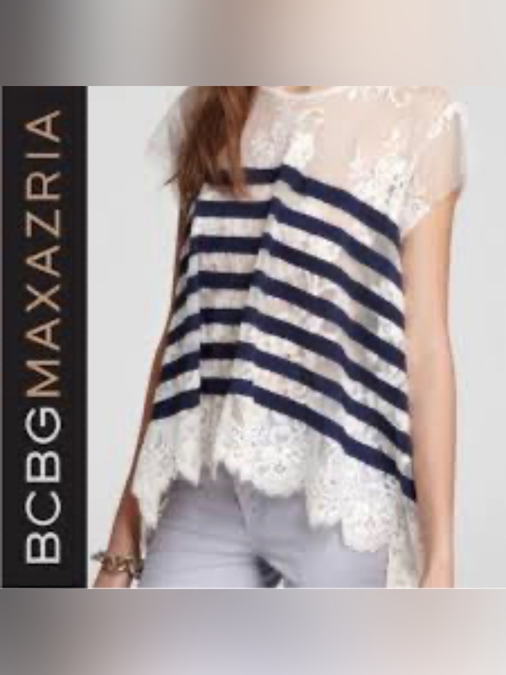 BCBGMAXAZRIA Echo Dark Ink Combo Lace Striped Top